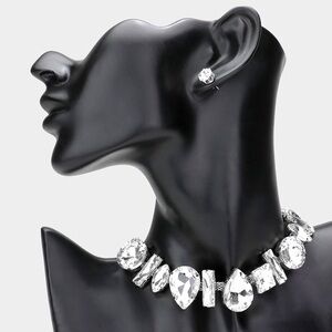 Silver Cluster Stone Necklace Set